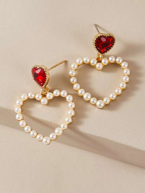 

1pair Faux Pearl Decor Heart Drop Earrings, Multicolor