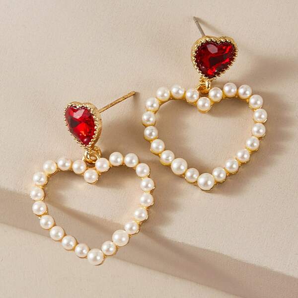 

1pair Faux Pearl Decor Heart Drop Earrings, Multicolor