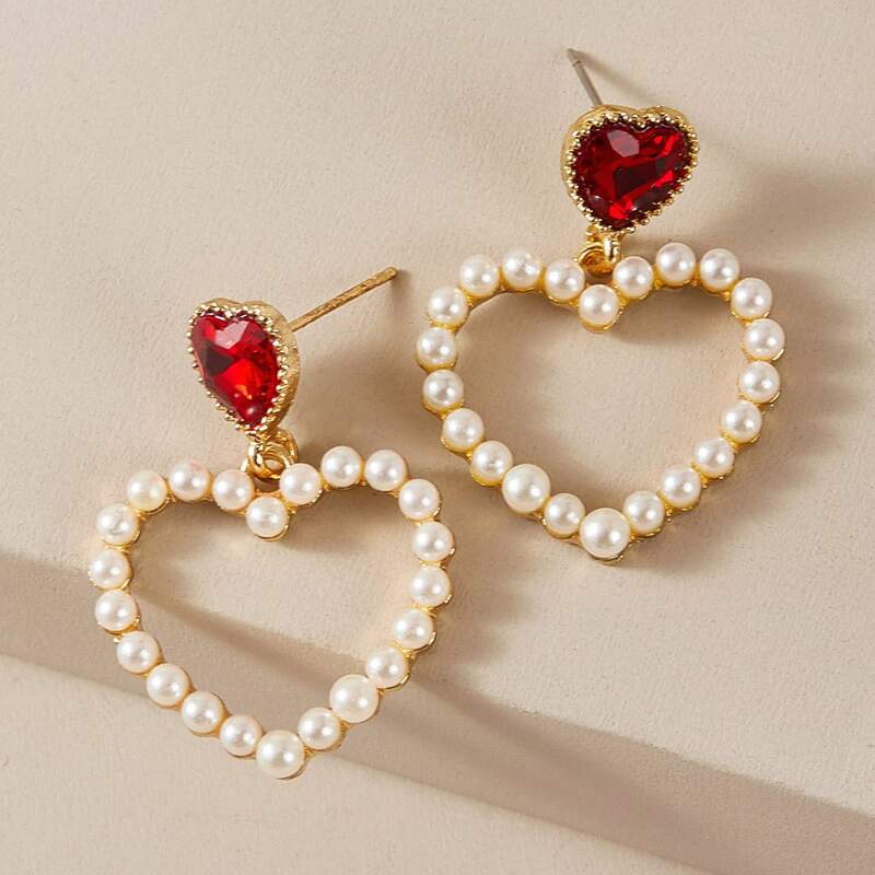 

1pair Faux Pearl Decor Heart Drop Earrings, Multicolor