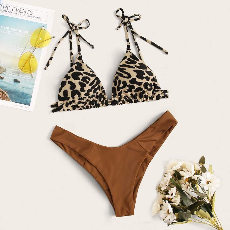 

Leopard Triangle Top With High Cut Bikini Set, Multicolor