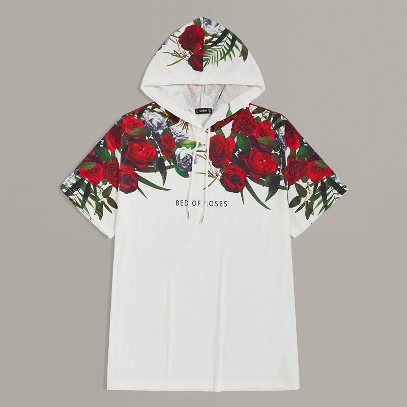 

Guys Drawstring Detail Flower Print Hooded Tee, White