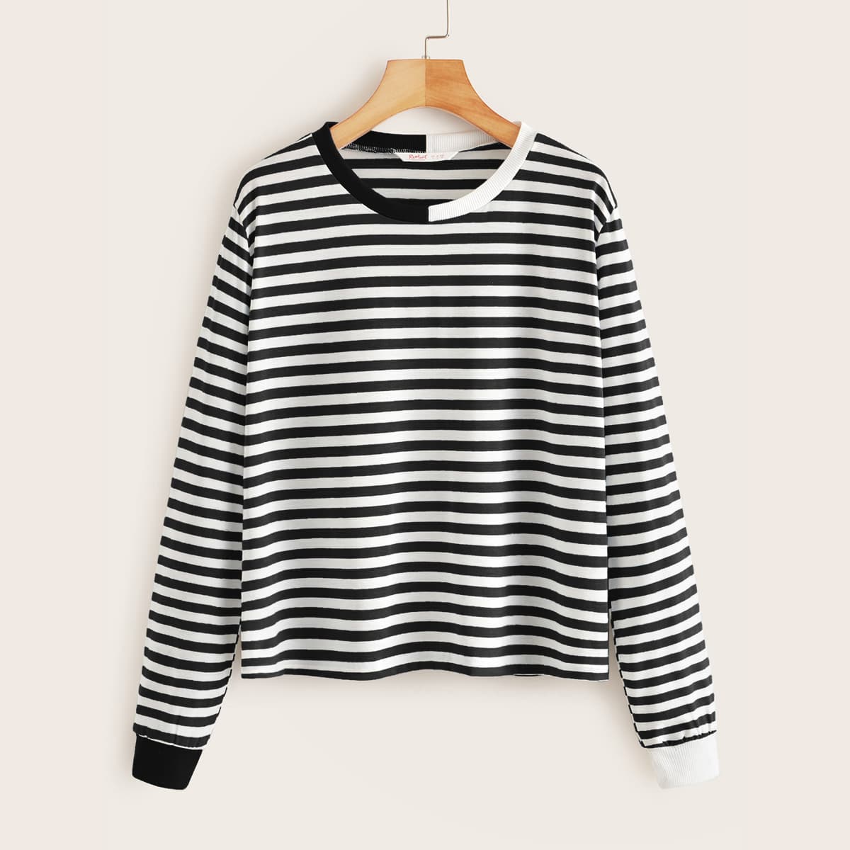 

Contrast Panel Long Sleeve Striped Tee, Black and white