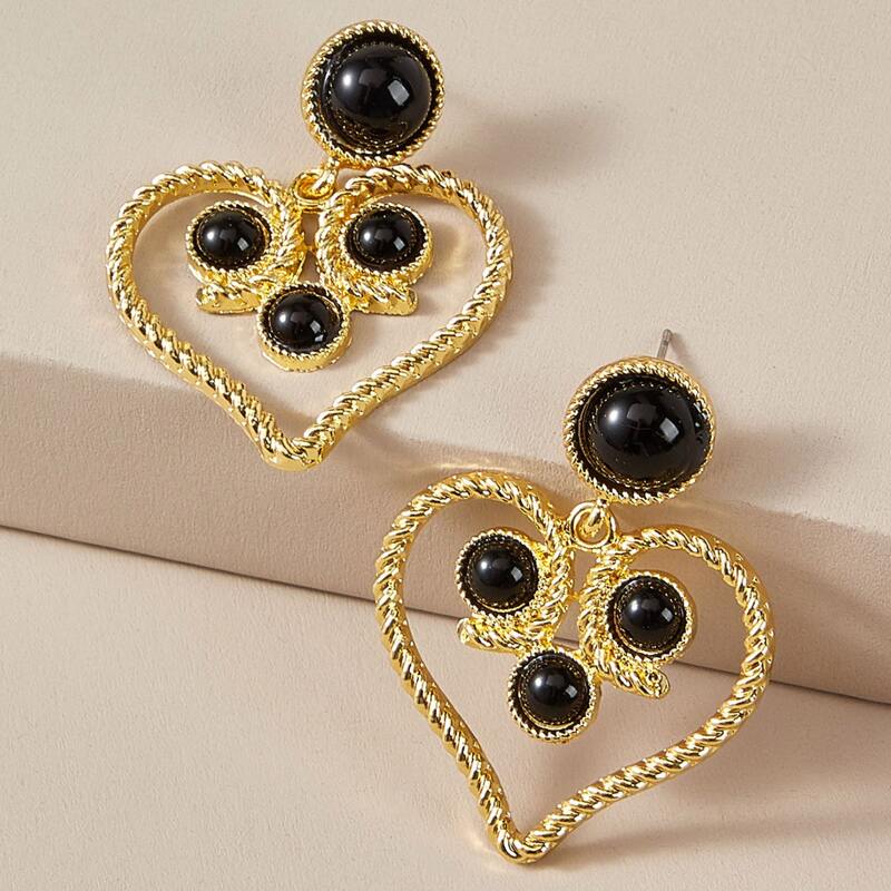 

1pair Bead Decor Heart Drop Earrings, Multicolor