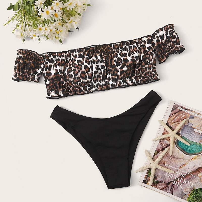 

Leopard Bardot Top With High Cut Bikini Set, Multicolor