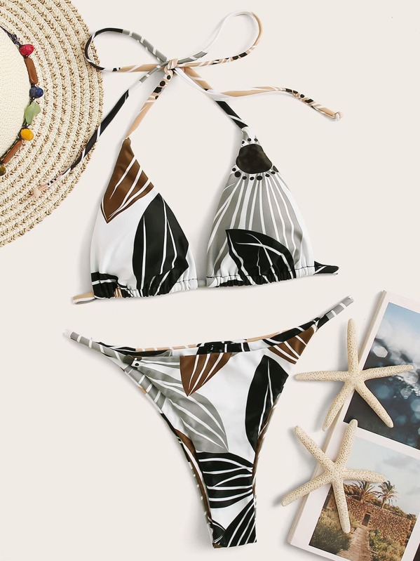 

Leaf Print Triangle Top With High Cut Bikini, Multicolor
