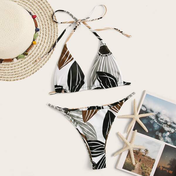 

Leaf Print Triangle Top With High Cut Bikini, Multicolor