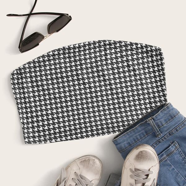 

Houndstooth Crop Tube Top, Black and white