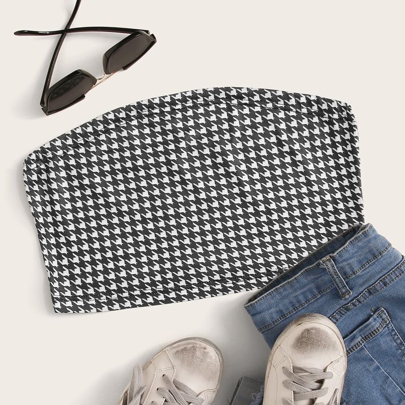 

Houndstooth Crop Tube Top, Black and white