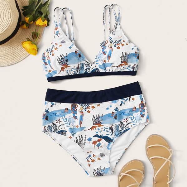 

Cartoon Graphic Top With High Waist Bikini, Multicolor