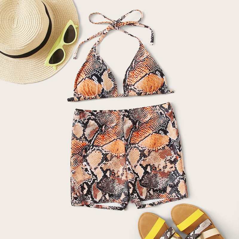 

2pcs Snakeskin Triangle Top With Shorts Bikini, Multicolor