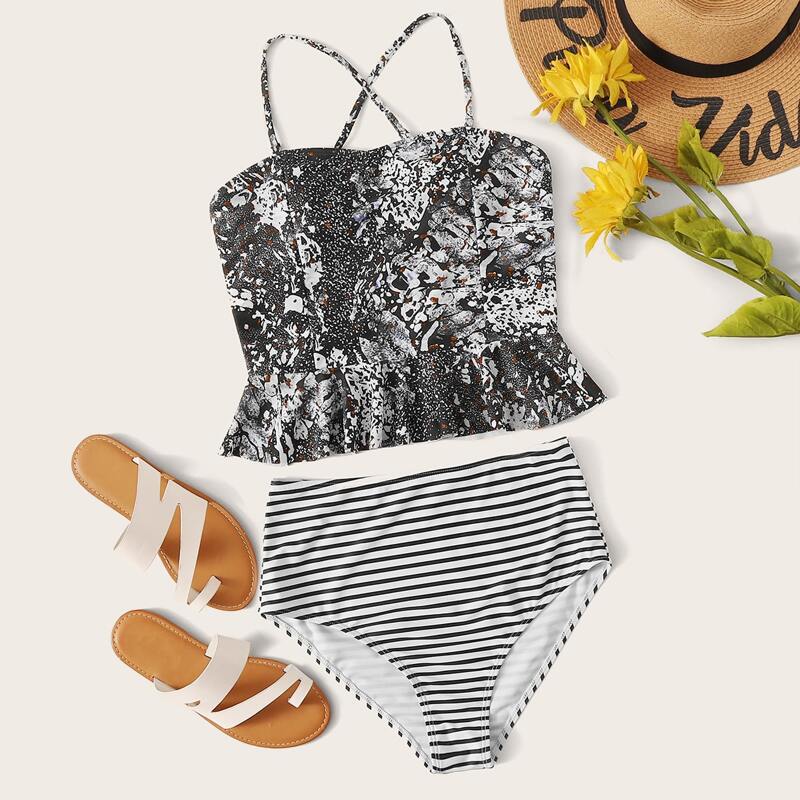 

Graphic Ruffle Trim Top With High Waist Tankini, Black and white