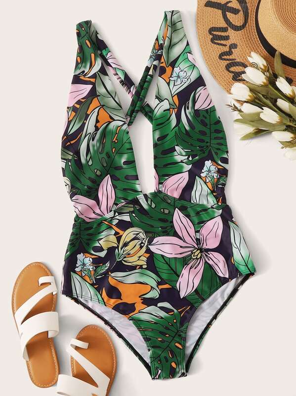 

Tropical Criss Cross One Piece Swimwear, Green