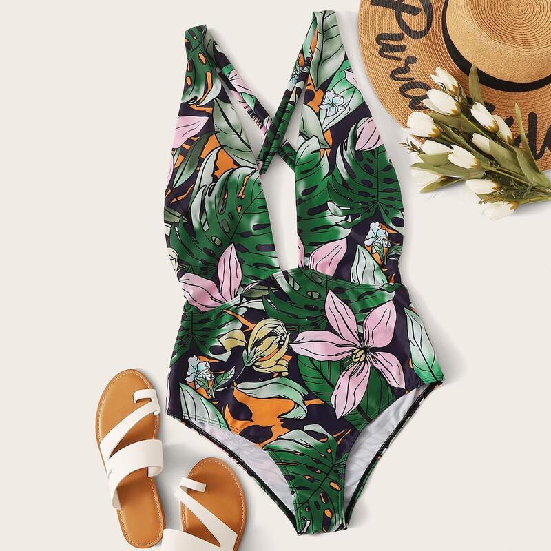 

Tropical Criss Cross One Piece Swimwear, Green