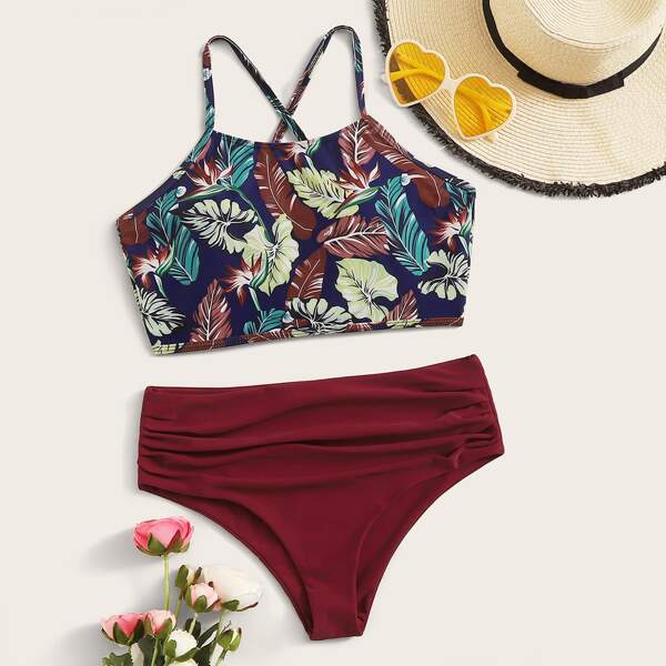 

Palm Random Print Lace-up Back Bikini Set, Multicolor