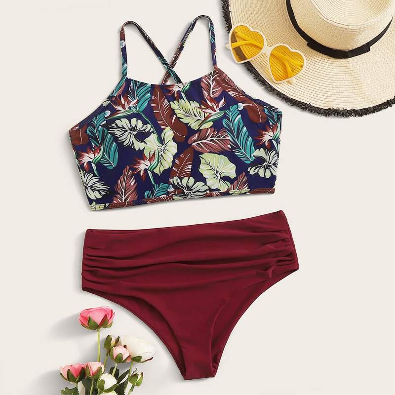 

Palm Random Print Lace-up Back Bikini Set, Multicolor