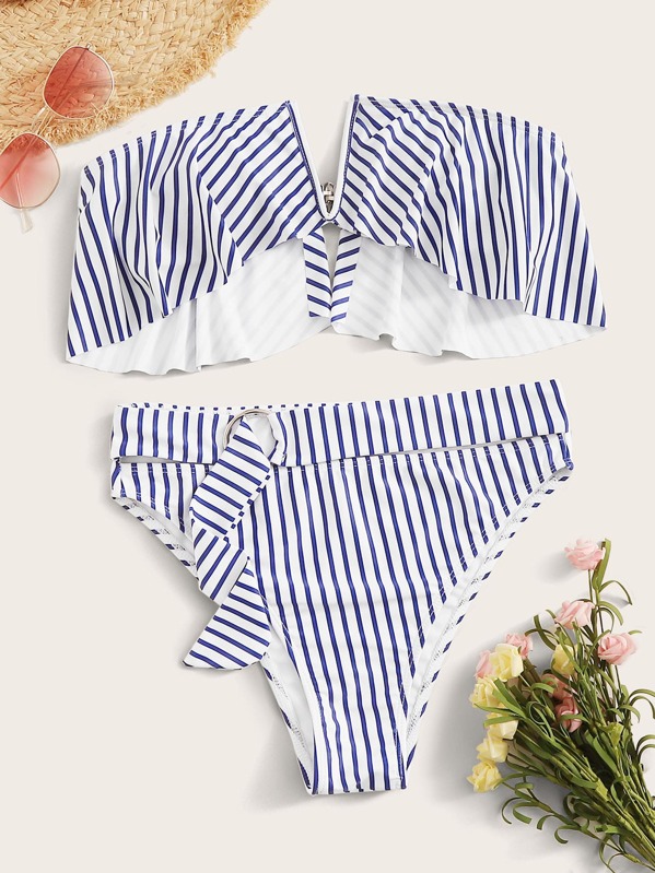 

Striped Bandeau With High Waist Bikini Set, Multicolor