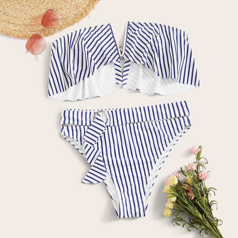 

V Wired Striped Ruffle Bandeau With Ring Link Bikini, Multicolor