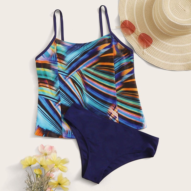 

Multi-color Striped Tankini Set, Multicolor