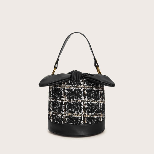 

Bow Decor Tweed Bucket Bag, Black
