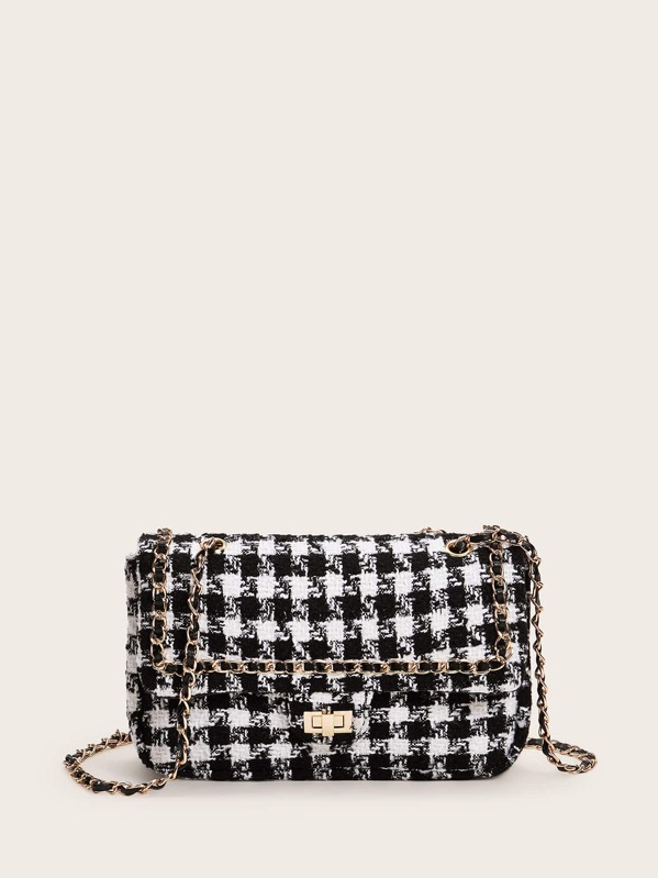

Twist Lock Tweed Chain Bag, Black and white