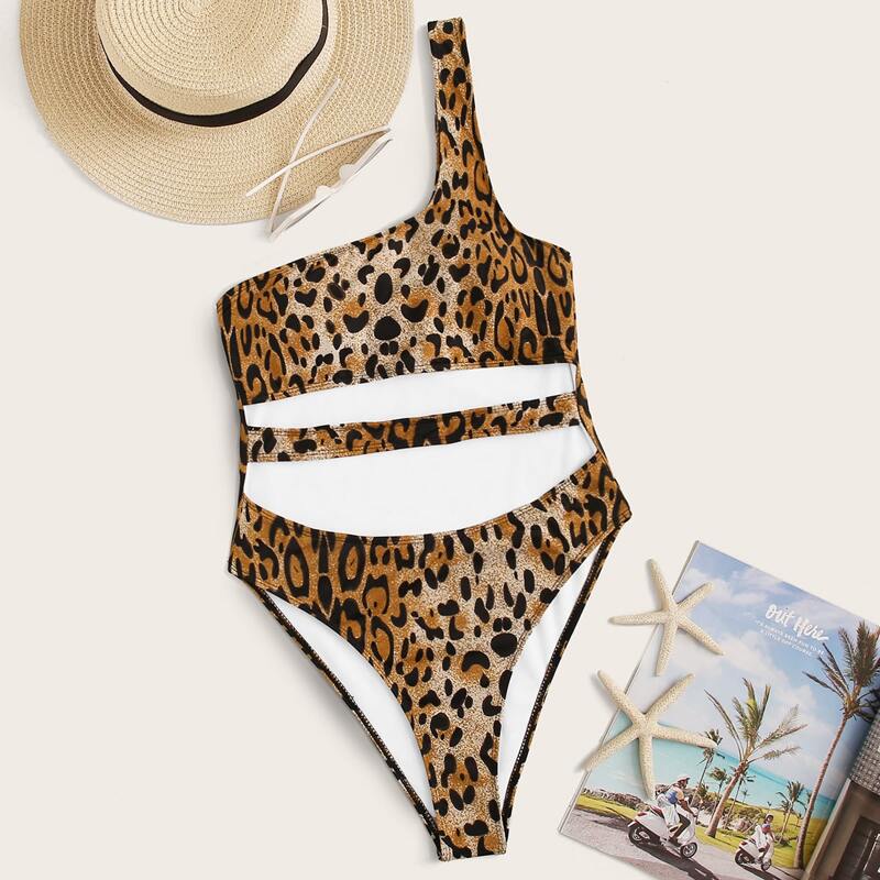 

Leopard Cut-out One Shoulder One Piece Swimsuit, Multicolor