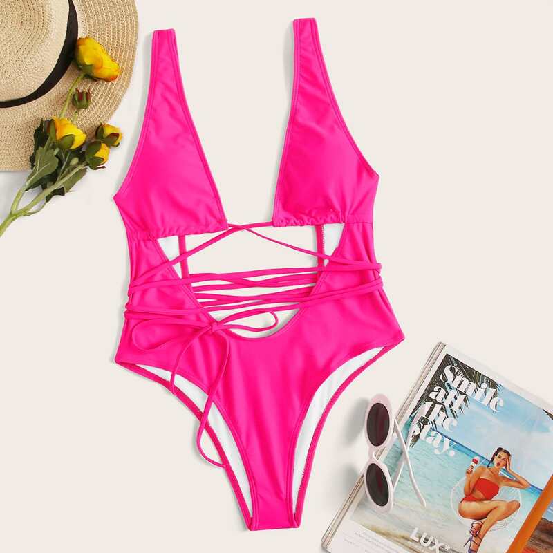 

Neon Pink Tie Front One Piece Swimsuit, Hot pink neon