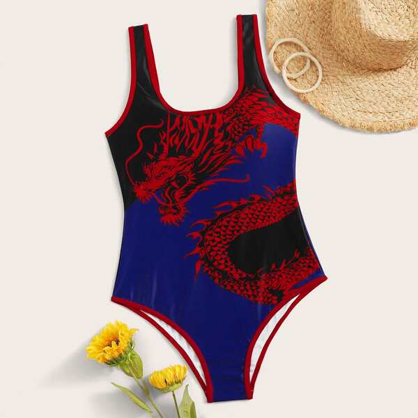 

Dragon Print One Piece Swimwear, Multicolor