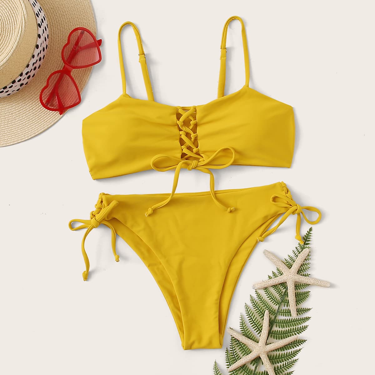 

Lace Up Front Top With Tie Side Bikini, Yellow