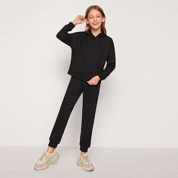 

Girls Drop Shoulder Hoodie & Drawstring Waist Sweatpants Set, Black