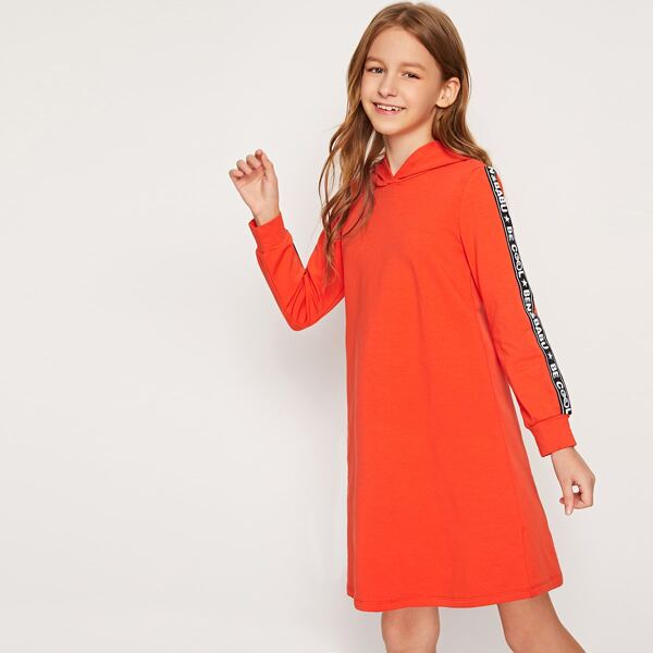 

Girls Neon Orange Letter Tape Hooded Sweatshirt Dress, Orange bright