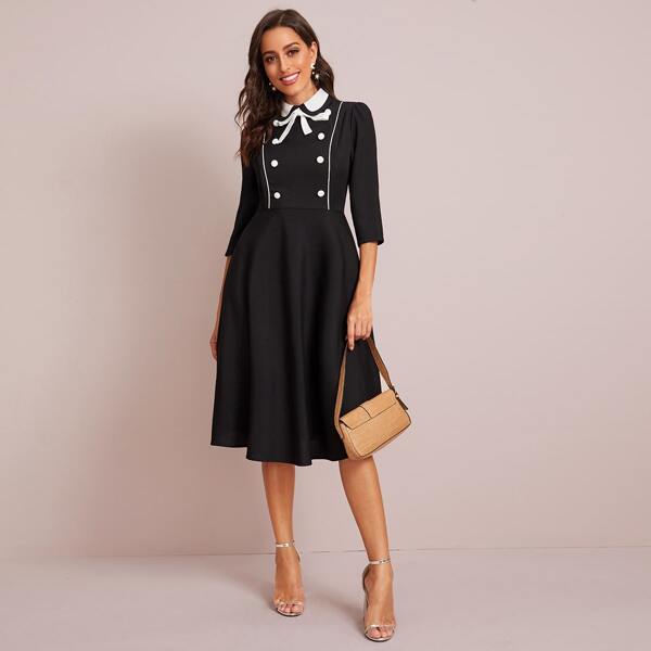 

Tie Neck Contrast Piping Double Breasted Dress, Black