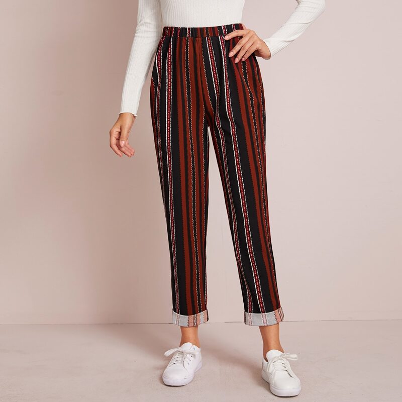 

Striped Print Cuffed Hem Peg Pants, Multicolor