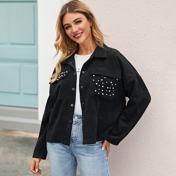 

Pearl Beaded Button Up Trucker Cord Jacket, Black