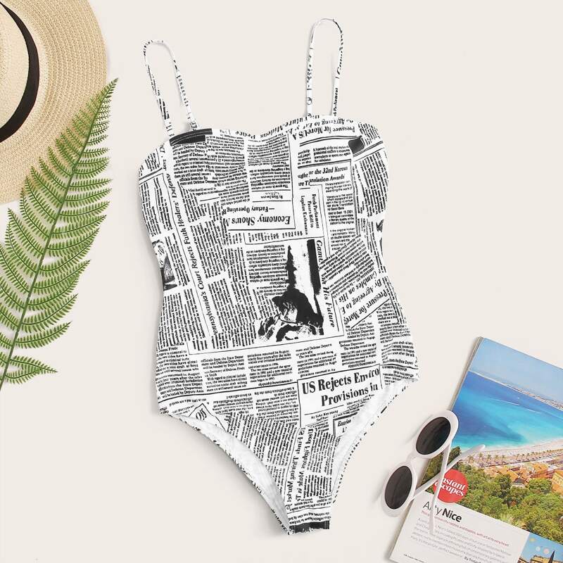 

Newspaper Pattern One Piece Swimwear, Black and white
