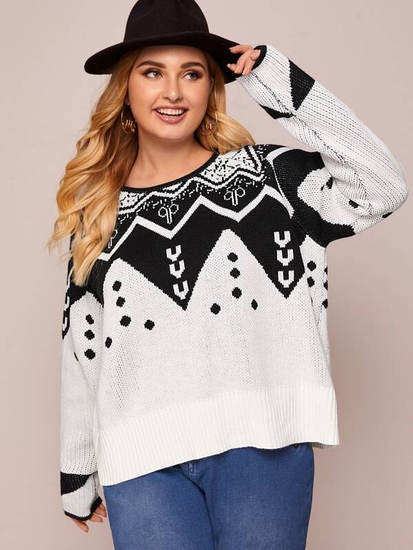 

Plus Tribal Oversized Sweater, Black and white, Nora