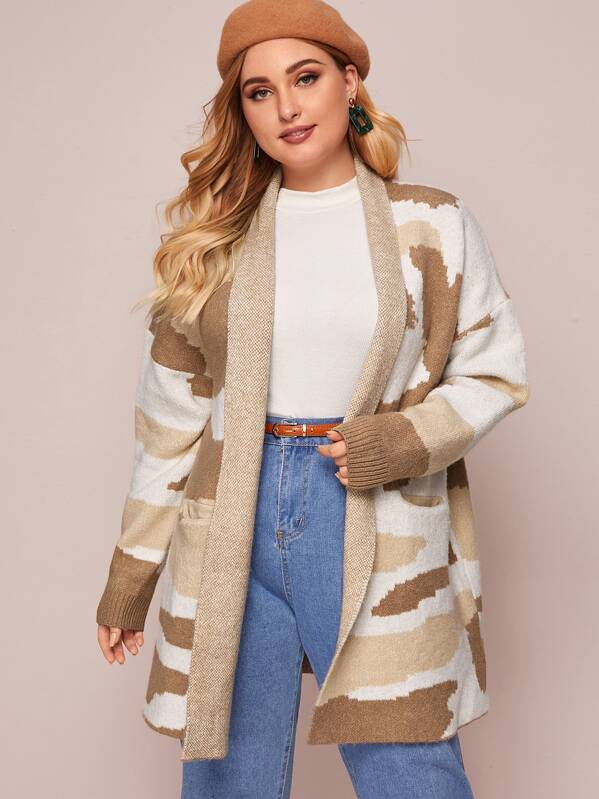 

Plus Shawl Collar Color Block Drop Shoulder Cardigan, Multicolor, Nora
