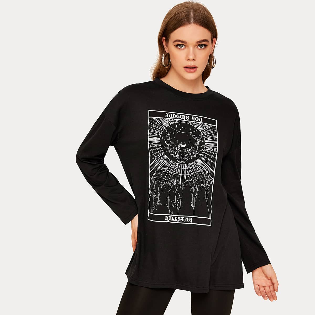 

Cat Print Long Sleeve Tee, Black