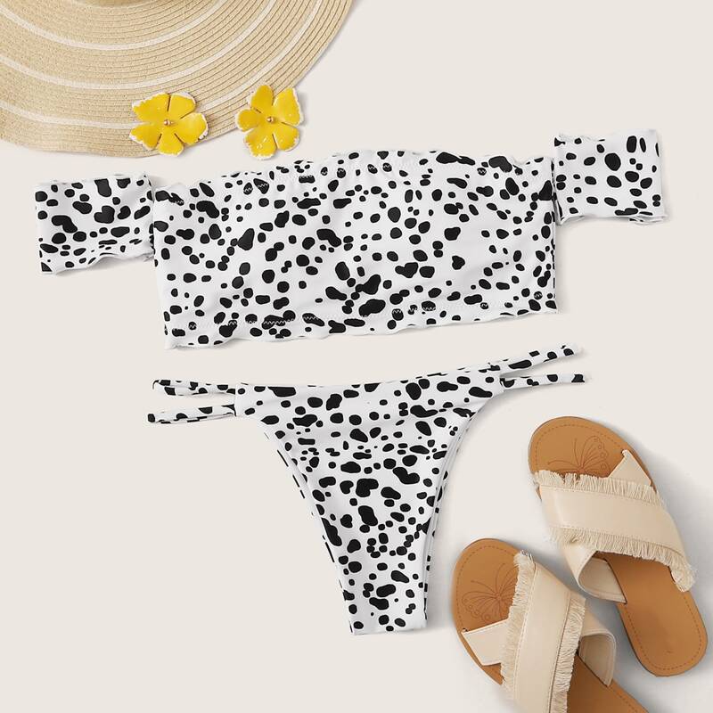 

Dalmation Print Bardot Top With High Cut Bikini Set, Black and white