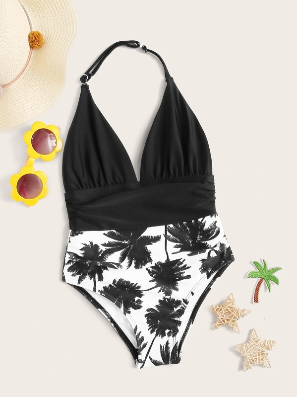 

Toddler Girls Palm Tree Halter One Piece Swimwear, Black and white