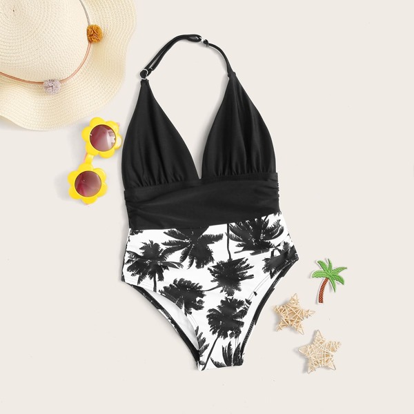 

Toddler Girls Palm Tree Halter One Piece Swimwear, Black and white