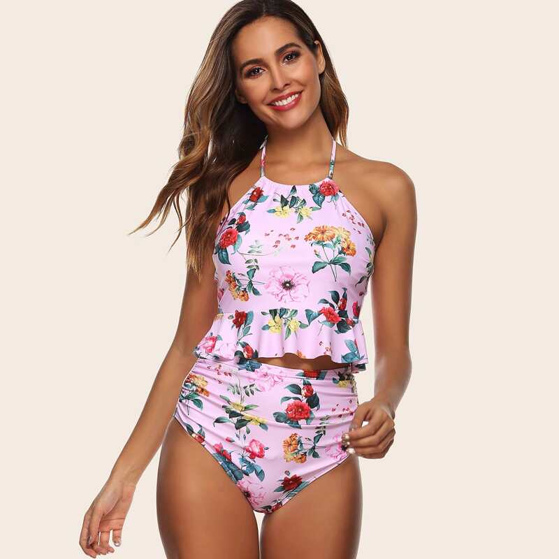 

Floral Print Ruffle Trim High Waisted Bikini Swimsuit, Baby pink