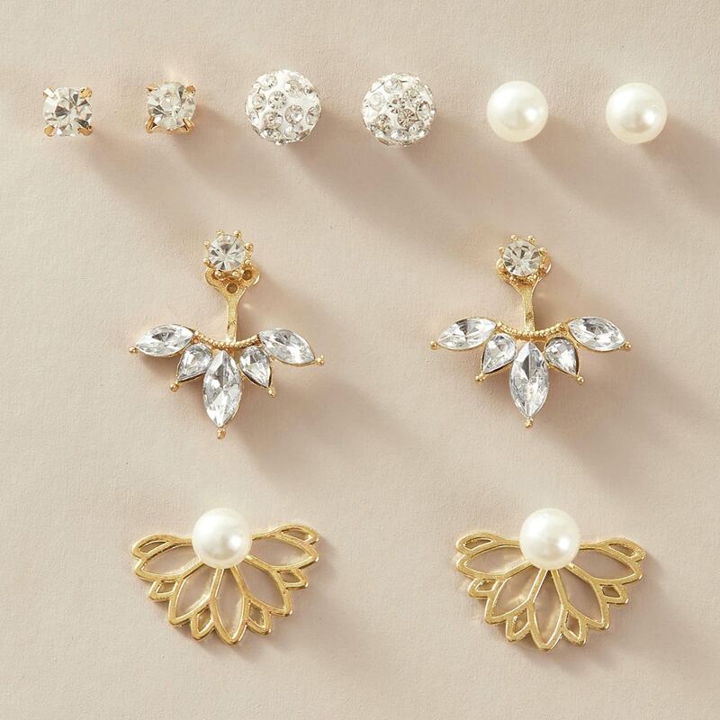 

5pairs Faux Pearl & Rhinestone Decor Earrings Set, Gold