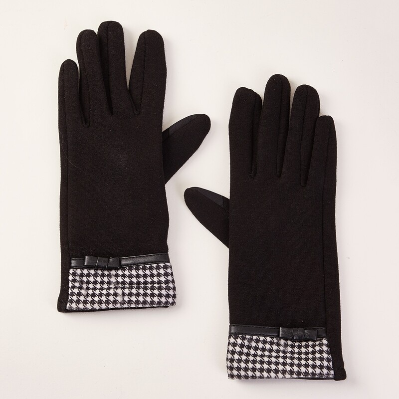 

1pair Houndstooth Trim Gloves, Black