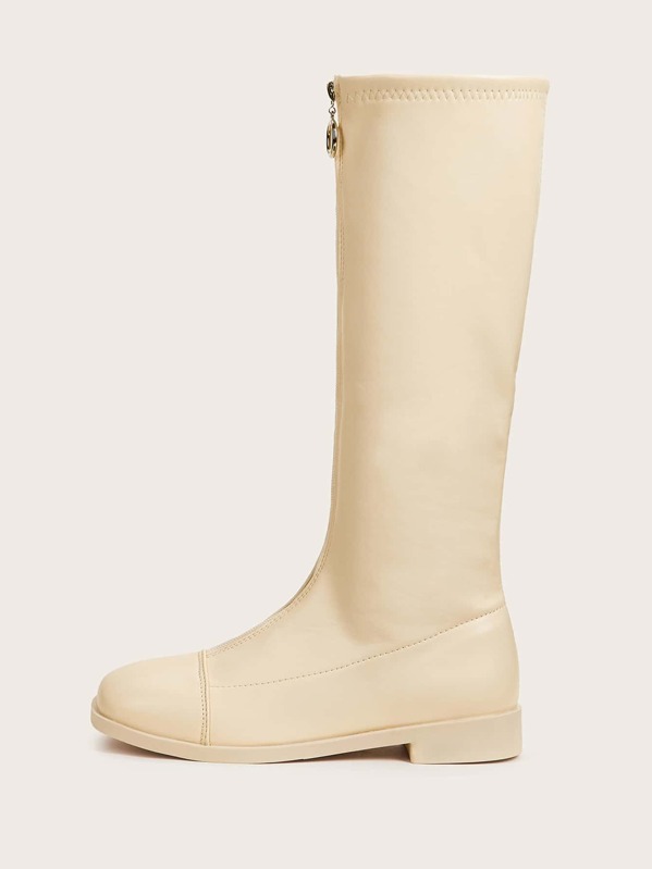 

Plain Zip Front Knee High Boots, Beige