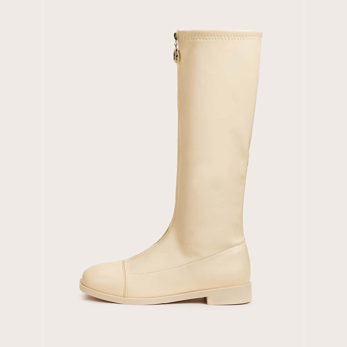 

Plain Zip Front Knee High Boots, Beige