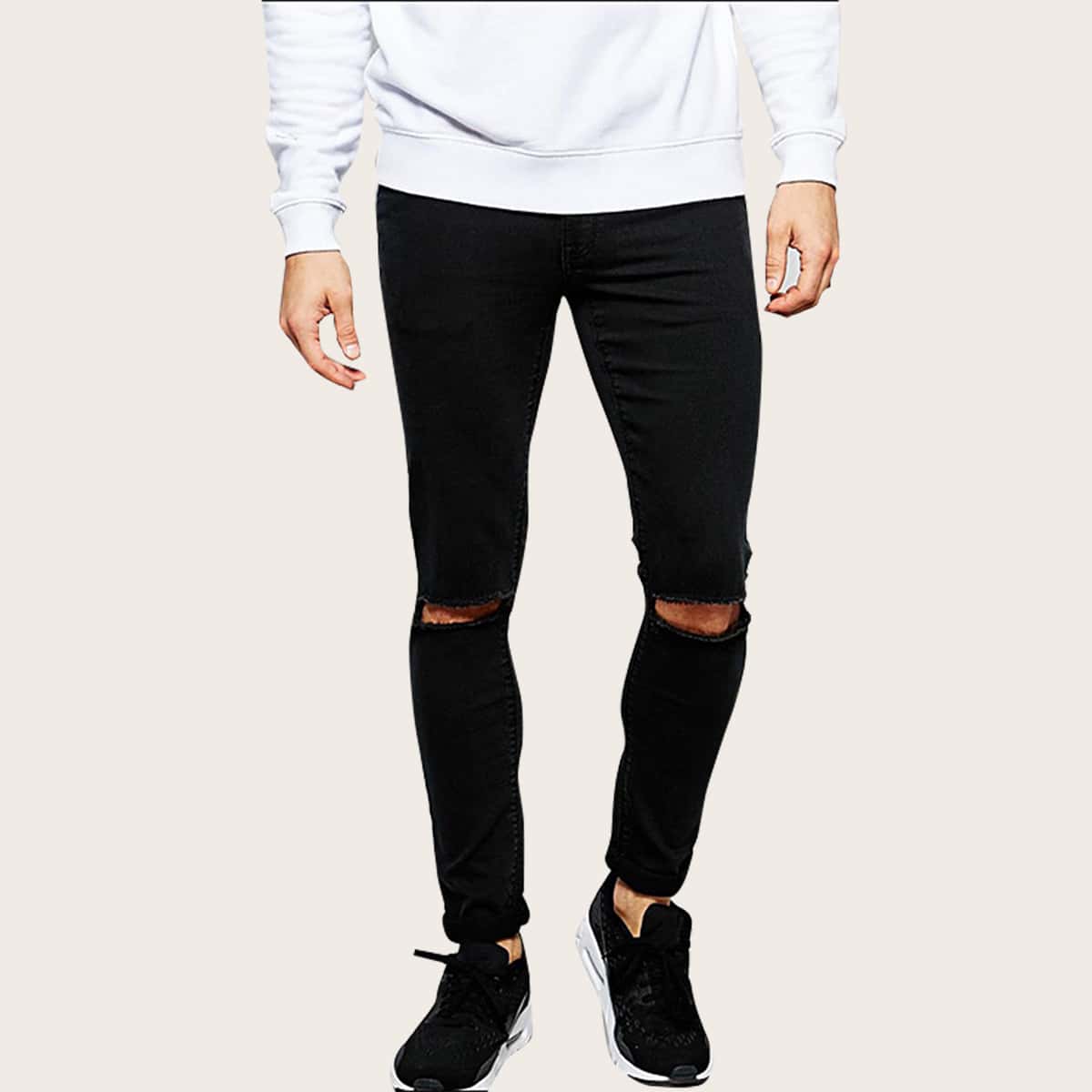 

Guys Button Fly Ripped Skinny Jeans, Black