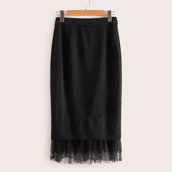 

Dot Mesh Insert Pencil Skirt, Black