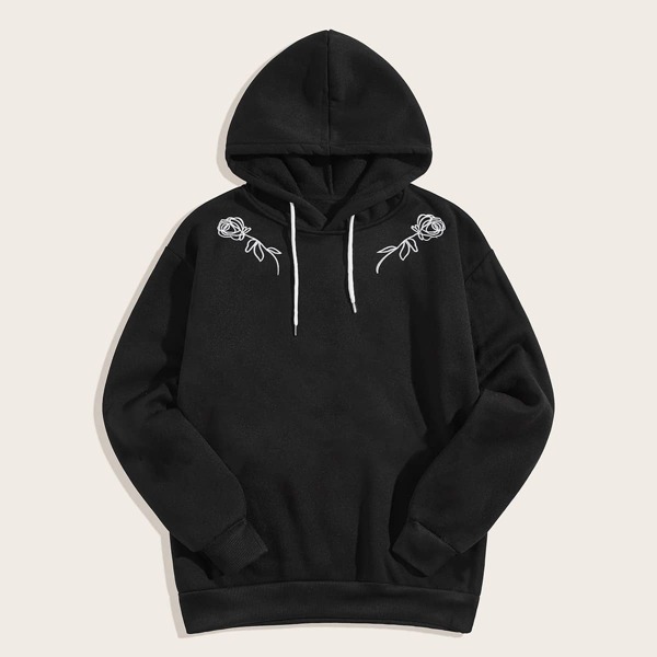 

Men Rose Embroidery Drawstring Hoodie, Black
