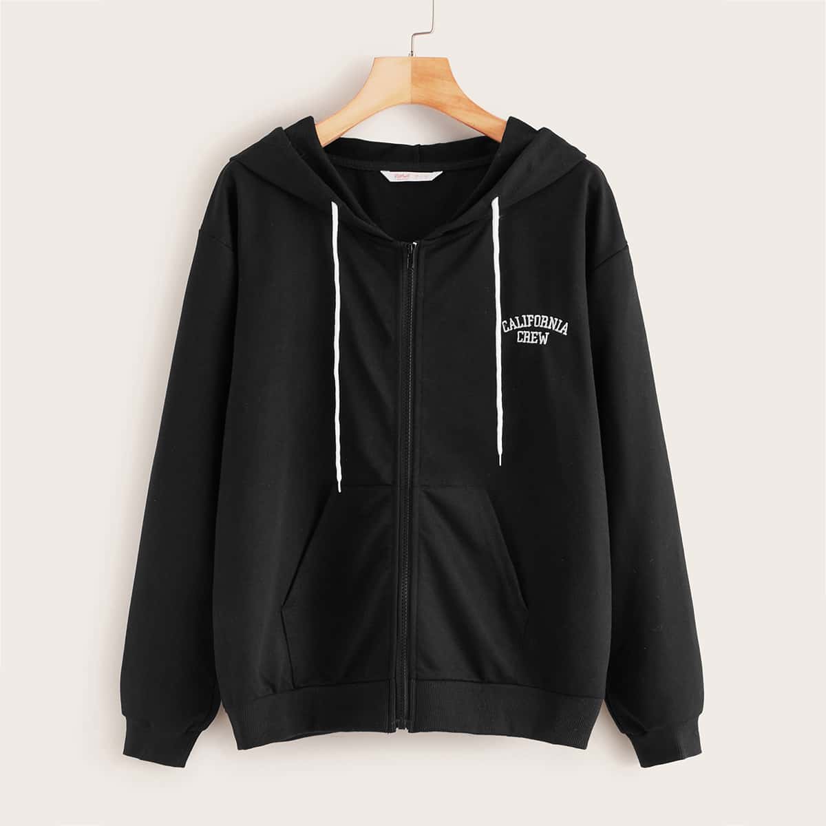

Letter Embroidery Pocket Front Zip-up Hoodie, Black