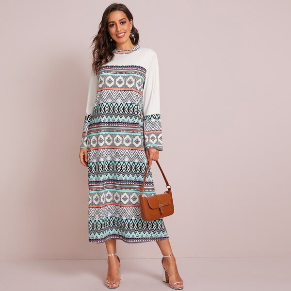 

Contrast Panel Tribal Print Tee Dress, Multicolor